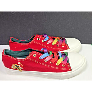 Red Canvas Christmas Shoes Size 11 Women Rainbow Laces Gingerbread Accent Casual